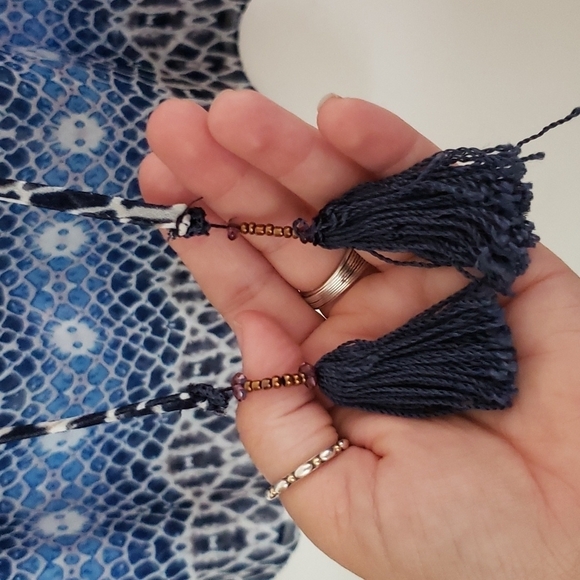 Aqua blouse diamond abstract print, tassels, puff sleeve, semi sheer size small. - Picture 5 of 7